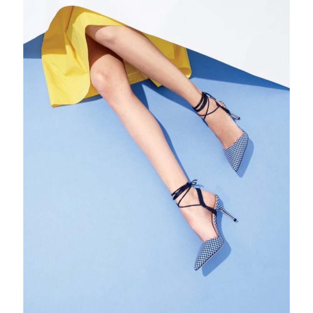 J.Crew Pointed Toe Stiletto Heels Size 9.5 Ankle Straps‎ Gingham Blue Slingback